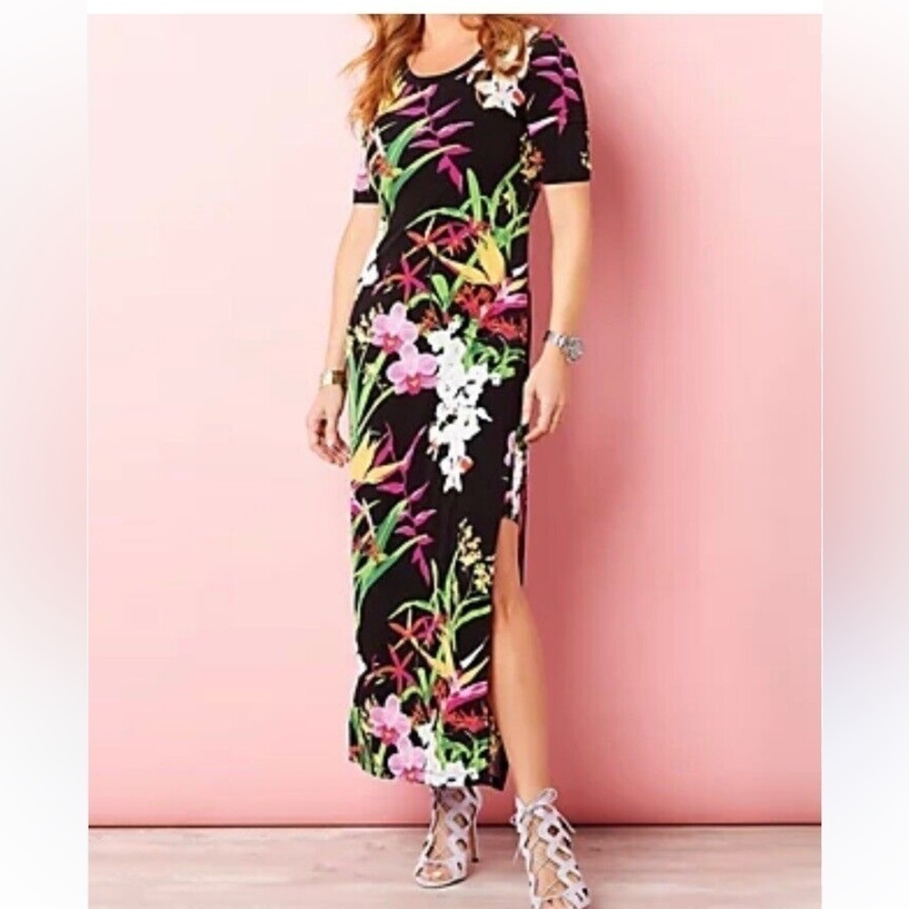 GILI Tropical floral black bright Maxi Dress short sleeve Size Med
